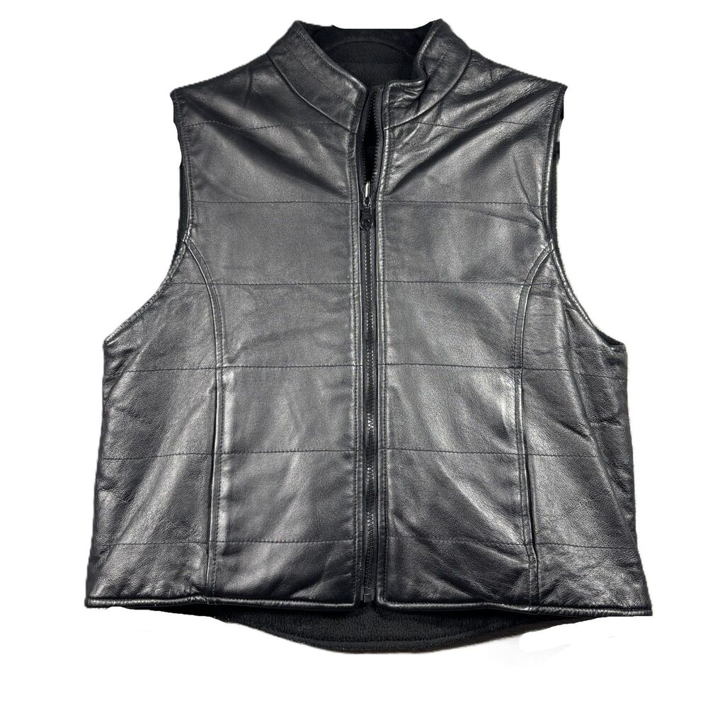 Henig Furs Women Leather Vest Reversible Fleece Full Zip Luxury Black Medium